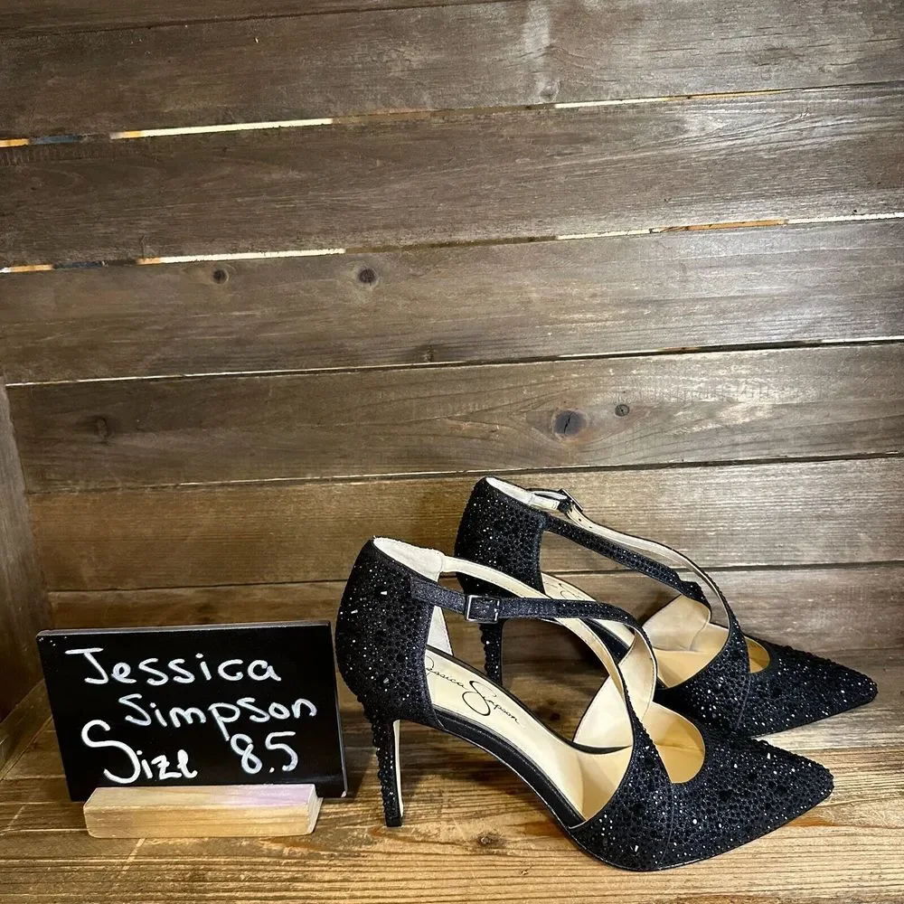 NIB Womens Jessica Simpson Accile Black Micro Flash‎ Rhinestone Heels Size 8.5 M